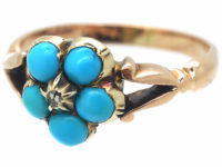 Victorian 9ct Gold Forget Me Not Flower Ring set with Turquoise & a Rose Diamond