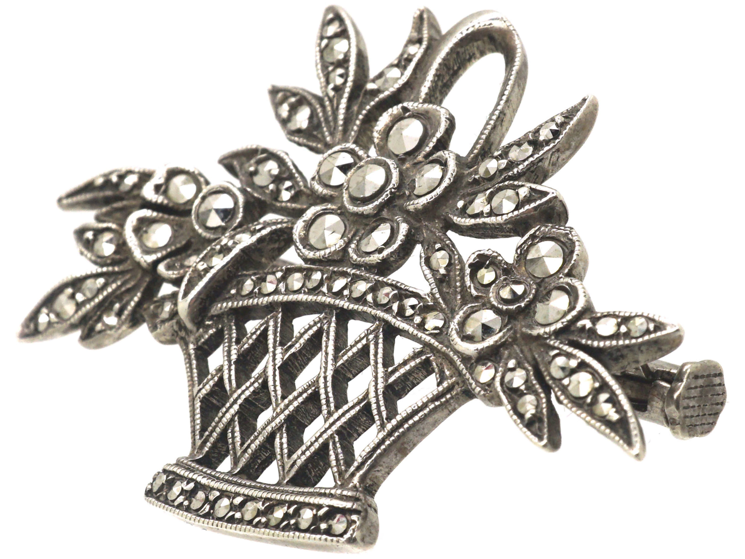 French Art Deco Silver & Marcasite Basket of Flowers Brooch (326/O