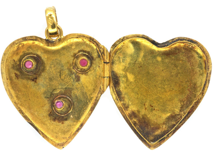 French Belle Epoque Two Colour 18ct Gold Heart Shaped Locket set with Rubies