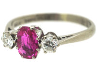 Art Deco 18ct White Gold & Platinum, Pink Sapphire & Diamond Three Stone Ring