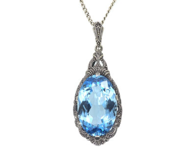 Art Deco Silver & Synthetic Blue Spinel Pendant on a Silver Chain