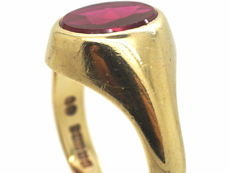 Large 9ct Gold & Synthetic Red Stone Signet Ring