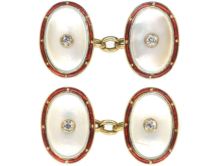 Art Deco 18ct Gold , Red Enamel, Mother of Pearl & Diamond Oval Shaped Cufflinks
