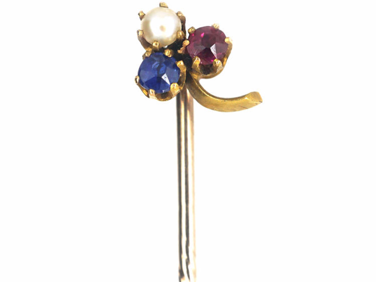 Edwardian 15ct Gold Sapphire, Ruby & Natural Split Pearl Shamrock Tie Pin