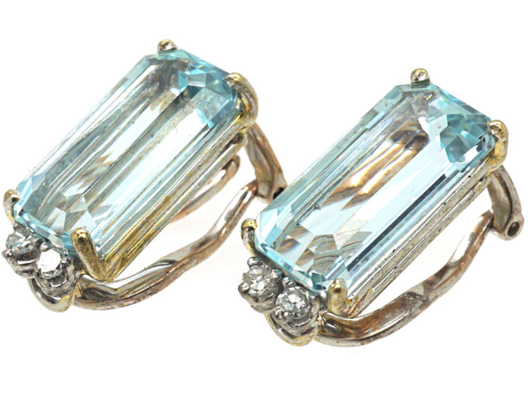 18ct White Gold Aquamarine & Diamond Rectangular Shaped Clip On Earrings