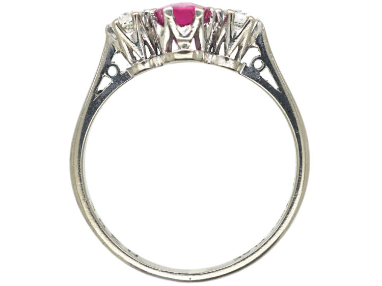 Art Deco 18ct White Gold & Platinum, Pink Sapphire & Diamond Three Stone Ring