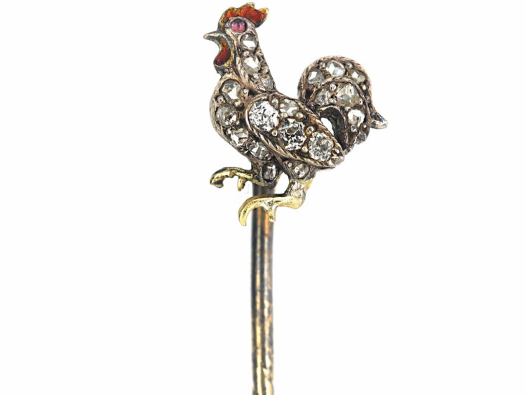 Edwardian 15ct Gold & Silver Enamel & Rose Diamond Cockerel Tie Pin