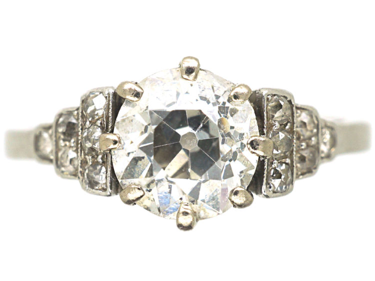 Art Deco Platinum & Diamond Solitaire Ring with Diamond Set Step Shoulders