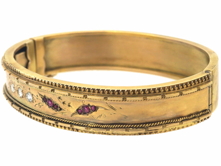 Victorian 15ct Gold, Ruby & Diamond Lily of the Valley Bangle