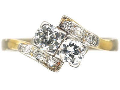 Art Deco 18ct White Gold Two Stone Crossover Ring