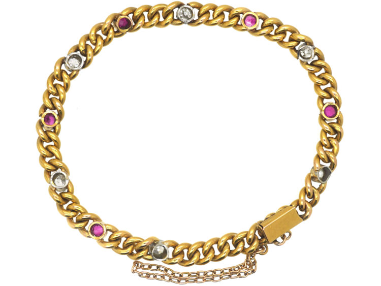 French 18ct Gold, Ruby & Diamond Curb Link Bracelet