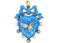 Edwardian 15ct Gold Blue Enamel, Natural Pearls & Diamond Heart Shaped Pendant with Bow Top