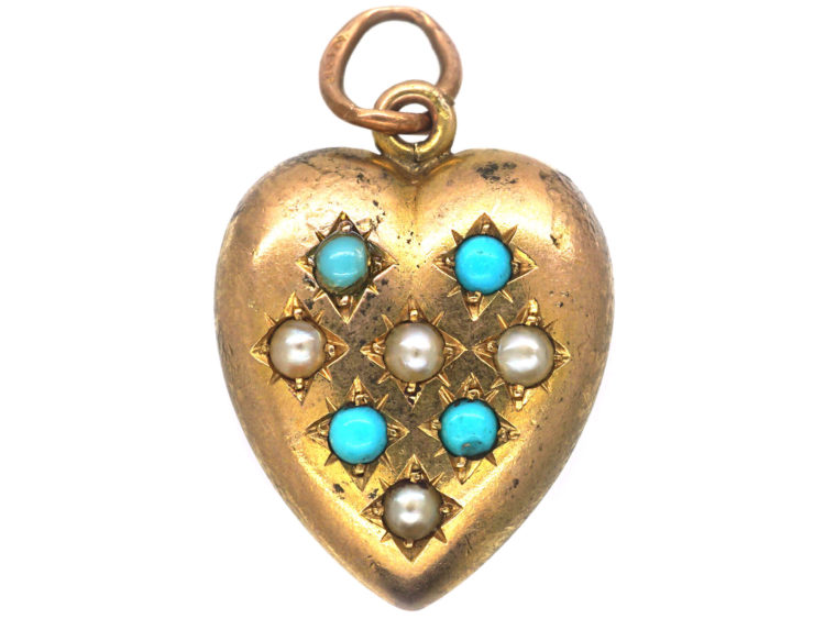Edwardian Heart Shaped Pendant set with Natural Split Pearls & Turquoise