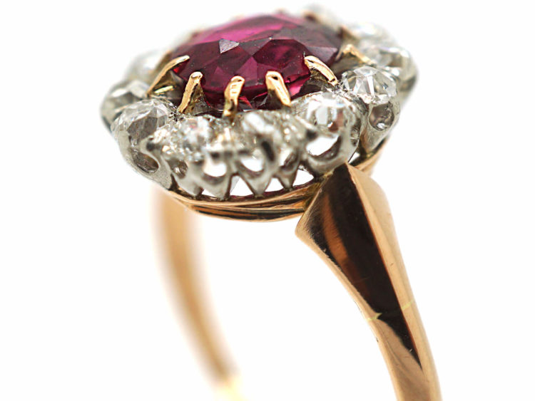 Edwardian 14ct Gold & Platinum, Ruby & Diamond Oval Cluster Ring