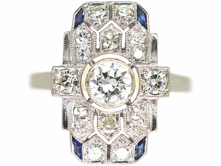 Art Deco Platinum, Diamond & Sapphire Rectangular Geometric Ring