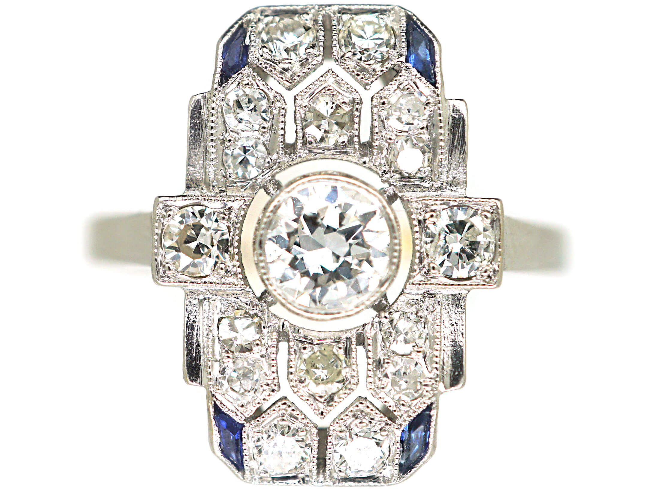Art Deco Platinum, Diamond & Sapphire Rectangular Geometric Ring (762N