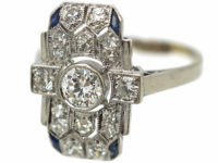 Art Deco Platinum, Diamond & Sapphire Rectangular Geometric Ring