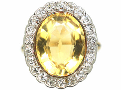 Edwardian 15ct Gold & Platinum, Citrine & Diamond Oval Cluster Ring