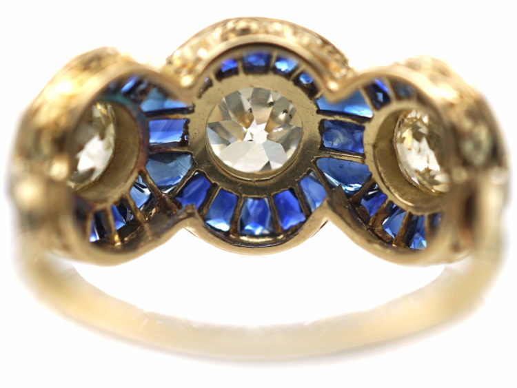 Art Deco 18ct Gold, Sapphire & Diamond Triple Cluster Ring
