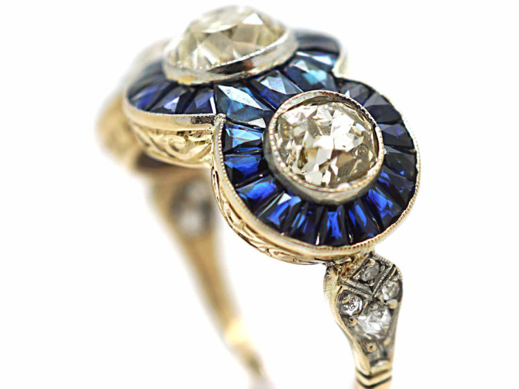 Art Deco 18ct Gold, Sapphire & Diamond Triple Cluster Ring