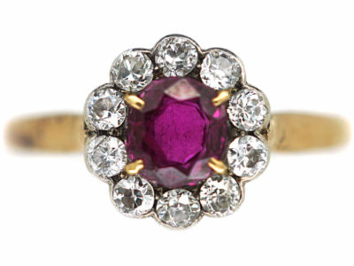 Edwardian 18ct Gold & Platinum, Ruby & Diamond Cluster Ring