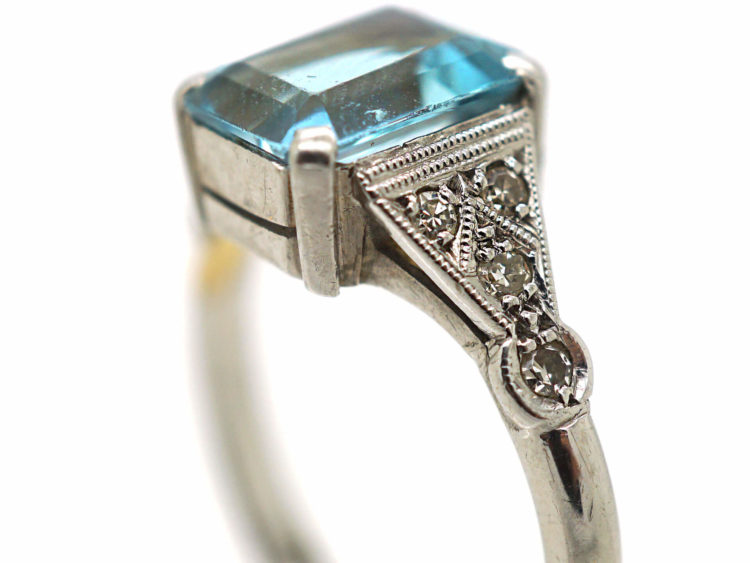 Art Deco 18ct White Gold & Platinum, Aquamarine & Diamond Ring