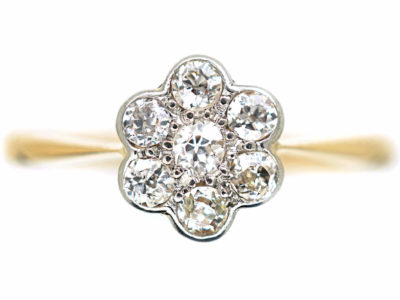 Edwardian 18ct Gold, Platinum & Diamond Daisy Cluster Ring