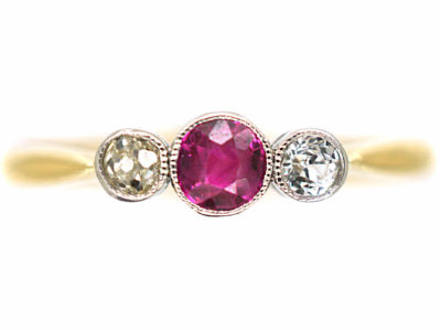 Edwardian 18ct Gold, Ruby & Diamond Three Stone Ring