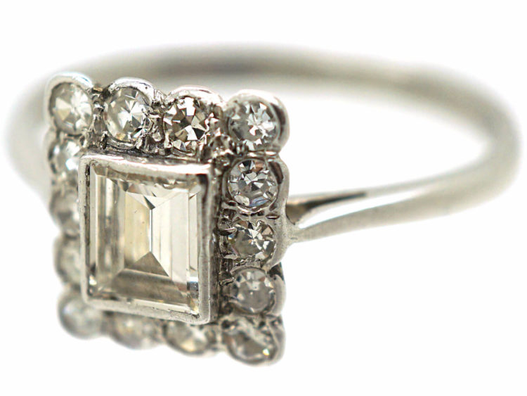 Art Deco Platinum & Diamond Rectangular Ring with Emerald Cut Central Diamond