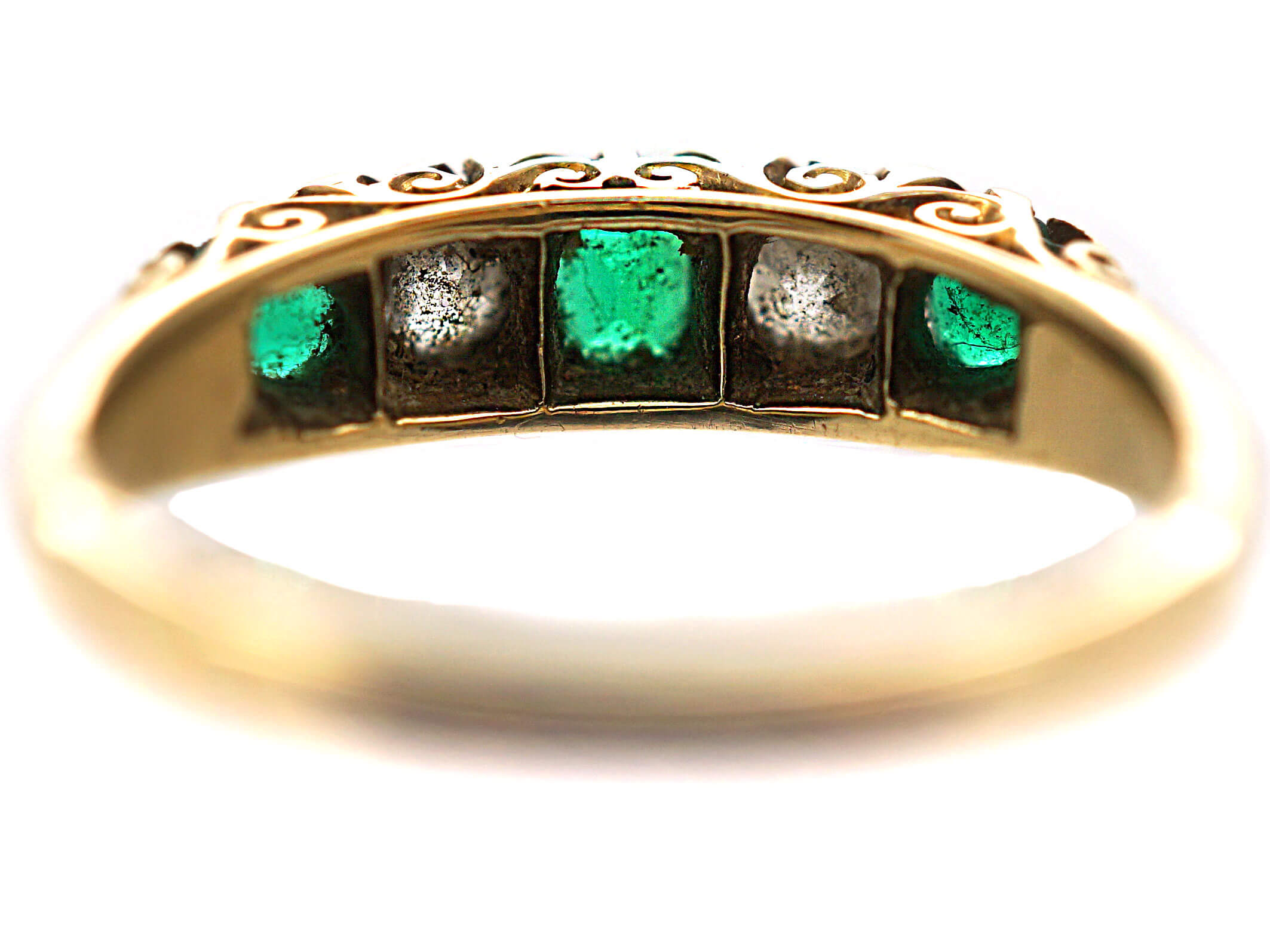 Victorian 18ct Gold Emerald And Diamond Five Stone Carved Half Hoop Ring