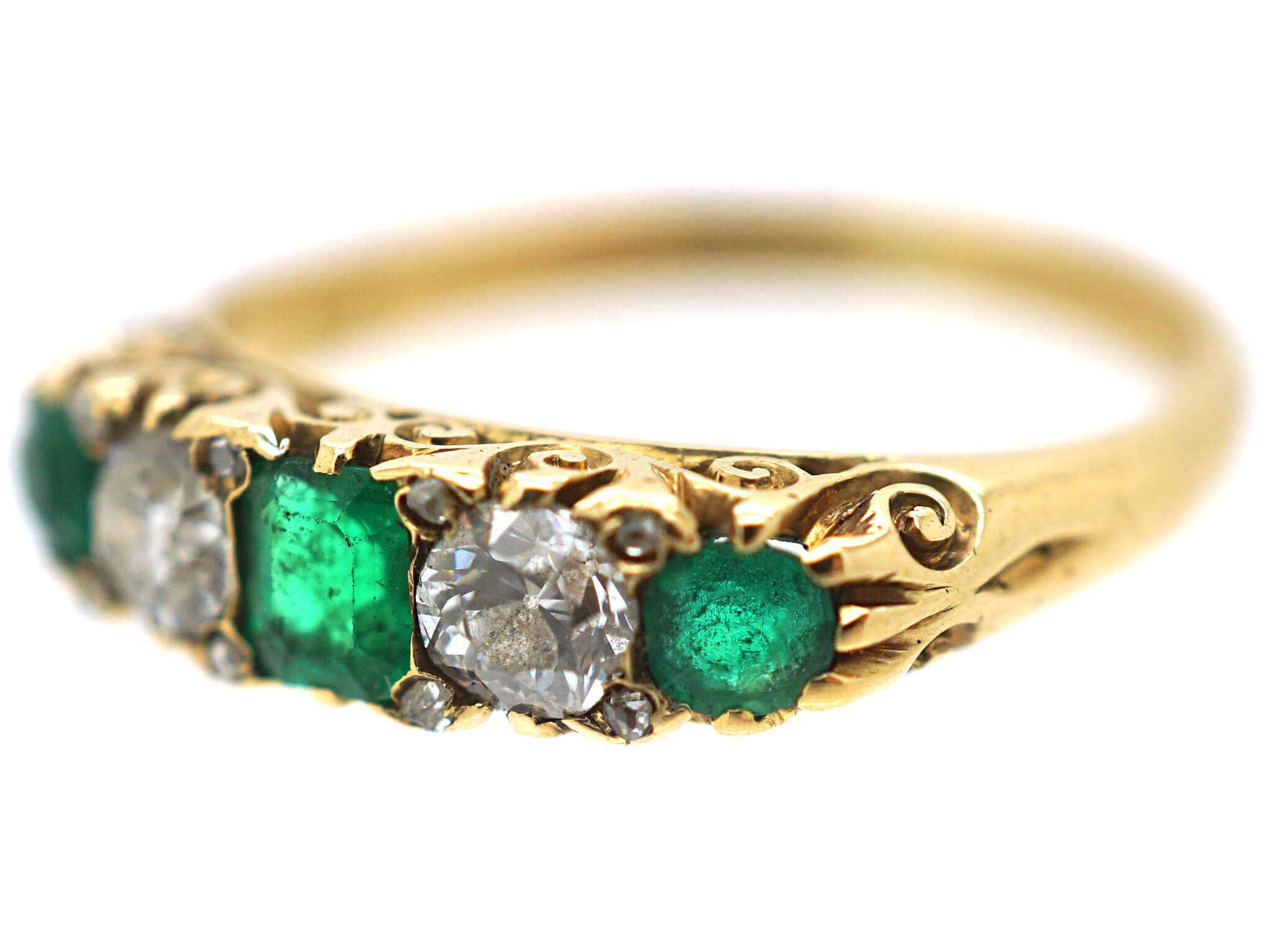 Victorian 18ct Gold Emerald And Diamond Five Stone Carved Half Hoop Ring