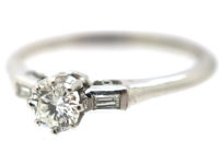 Art Deco 18ct White Gold & Platinum Solitaire Diamond Ring with Baguette Diamond Shoulders