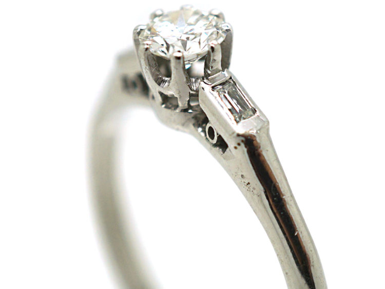 Art Deco 18ct White Gold & Platinum Solitaire Diamond Ring with Baguette Diamond Shoulders