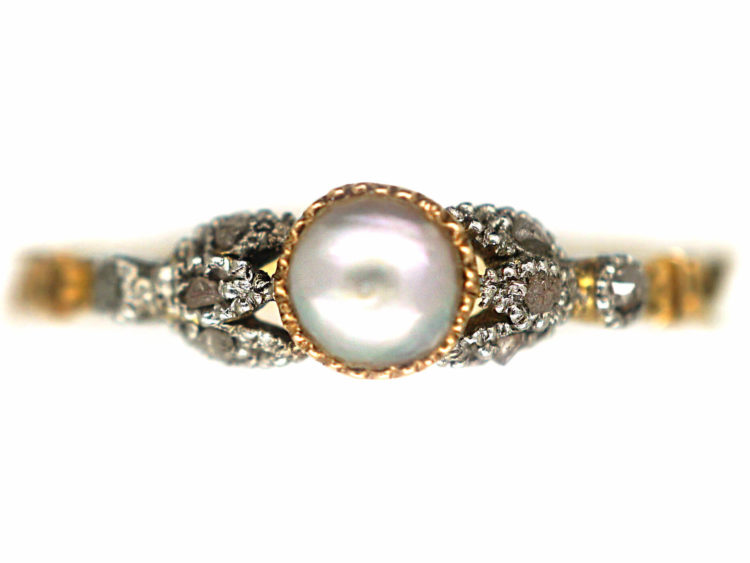 Georgian 18ct Gold, White Enamel, Natural Split Pearl & Rose Diamond Ring