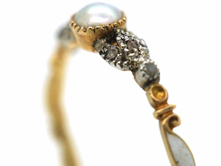 Georgian 18ct Gold, White Enamel, Natural Split Pearl & Rose Diamond Ring