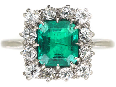 Art Deco Platinum, Emerald & Diamond Square Ring