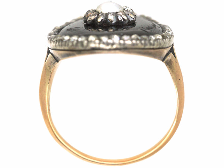 Georgian 9ct Gold, Enamel, Rose Diamond & Natural Split Pearl Navette Shaped Ring