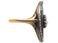 Georgian 9ct Gold, Enamel, Rose Diamond & Natural Split Pearl Navette Shaped Ring