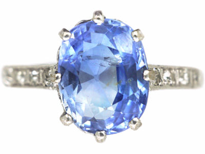 Art Deco Platinum, Ceylon Sapphire Ring with Diamond Set Shoulders