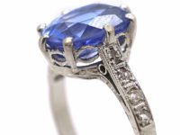Art Deco Platinum, Ceylon Sapphire Ring with Diamond Set Shoulders