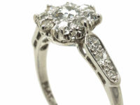 Edwardian 18ct White Gold & Platinum, Diamond Cluster Ring with Diamond set Shoulders