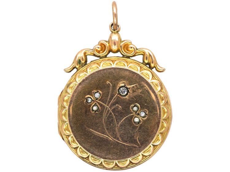 Edwardian 9ct Gold Back & Front Round Locket set with Pearls & Paste