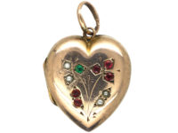 Edwardian 9ct Gold Heart Shaped Locket set with Green, Red Paste & Pearls