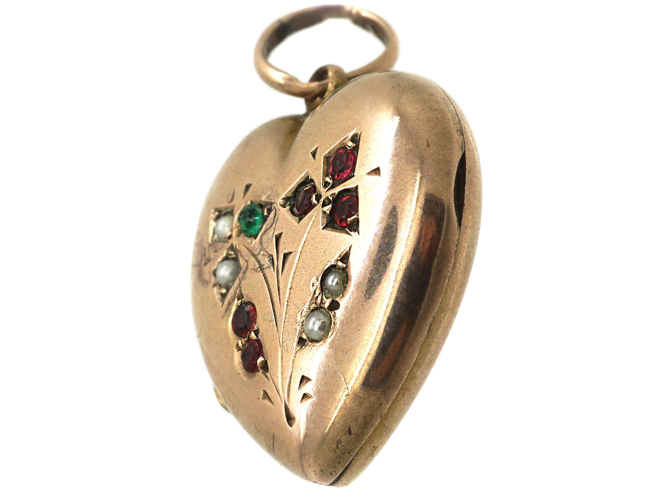 Edwardian 9ct Gold Heart Shaped Locket set with Green, Red Paste ...