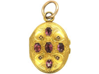 French 19th Century 18ct Gold Oval Locket set with Almandine Garnets & Natural Split Pearls