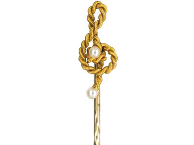 Edwardian 15ct Gold Treble Clef Tie Pin set with Two Natural Pearls