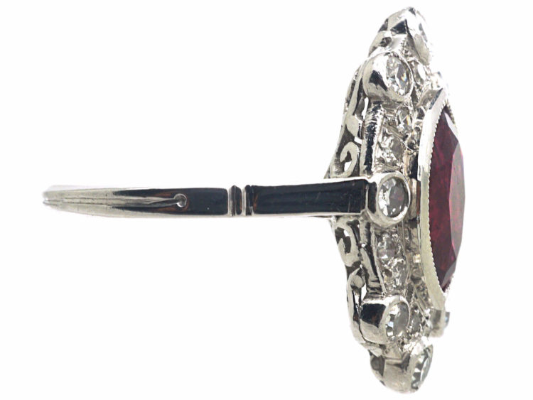 Art Deco Platinum, Marquise Cut Ruby & Diamond Ring