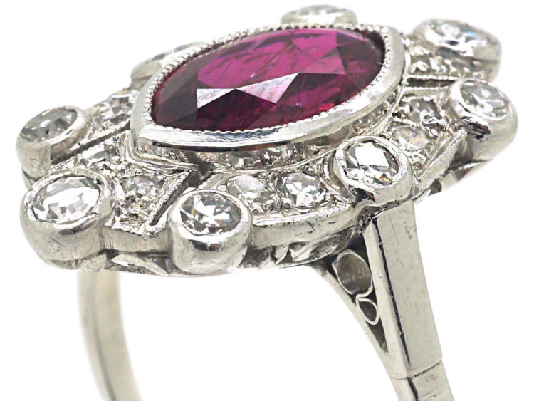 Art Deco Platinum, Marquise Cut Ruby & Diamond Ring