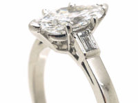 French Platinum, Marquise Diamond Ring with Baguette Diamond set Shoulders