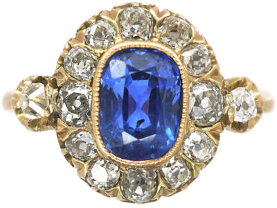 Edwardian 18ct Gold Sapphire & Diamond Cluster Ring with Diamond Set Shoulders